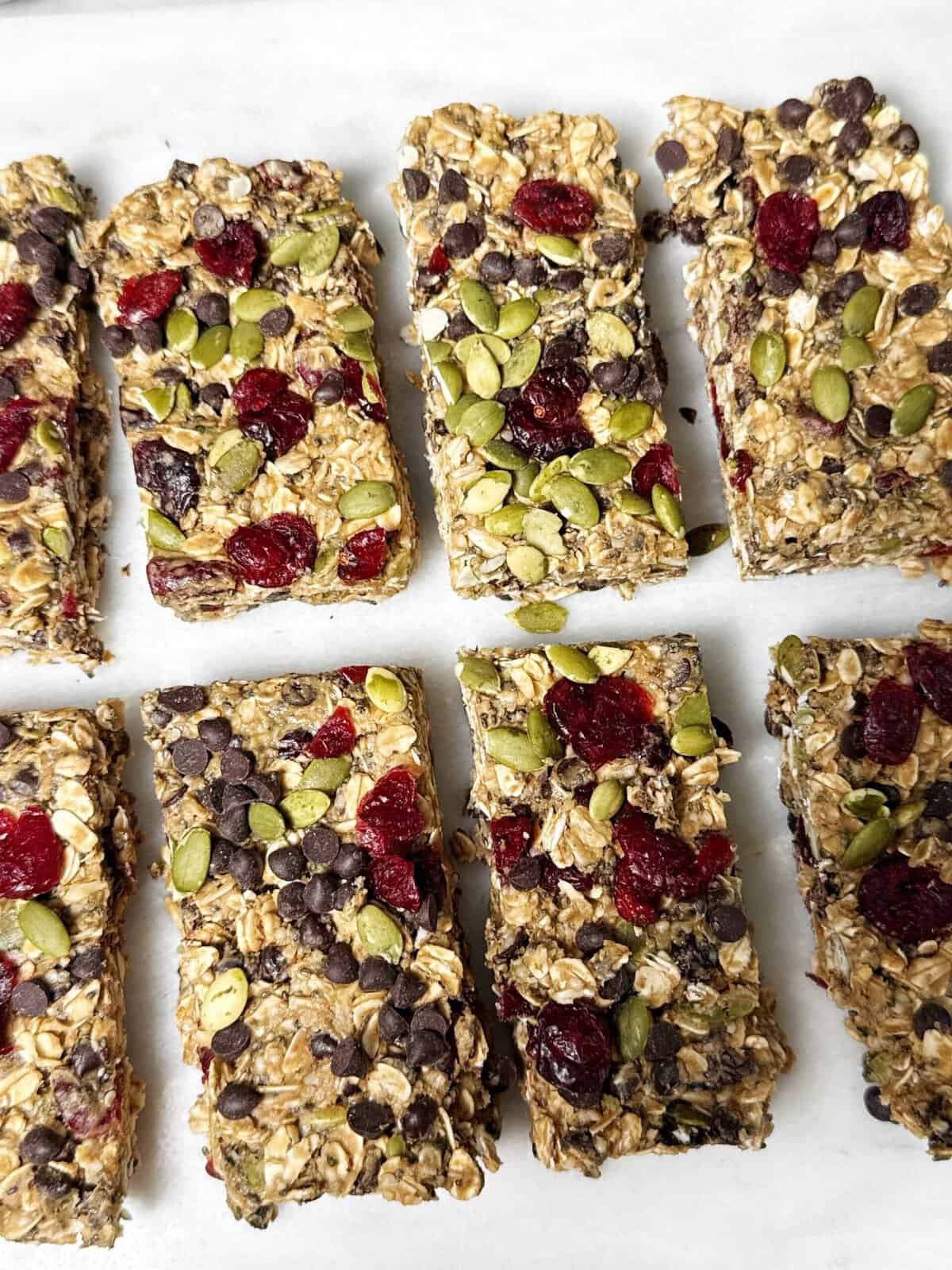 gluten-free granola bars with chocolate chips, pumpkin seeds, dried cranberries