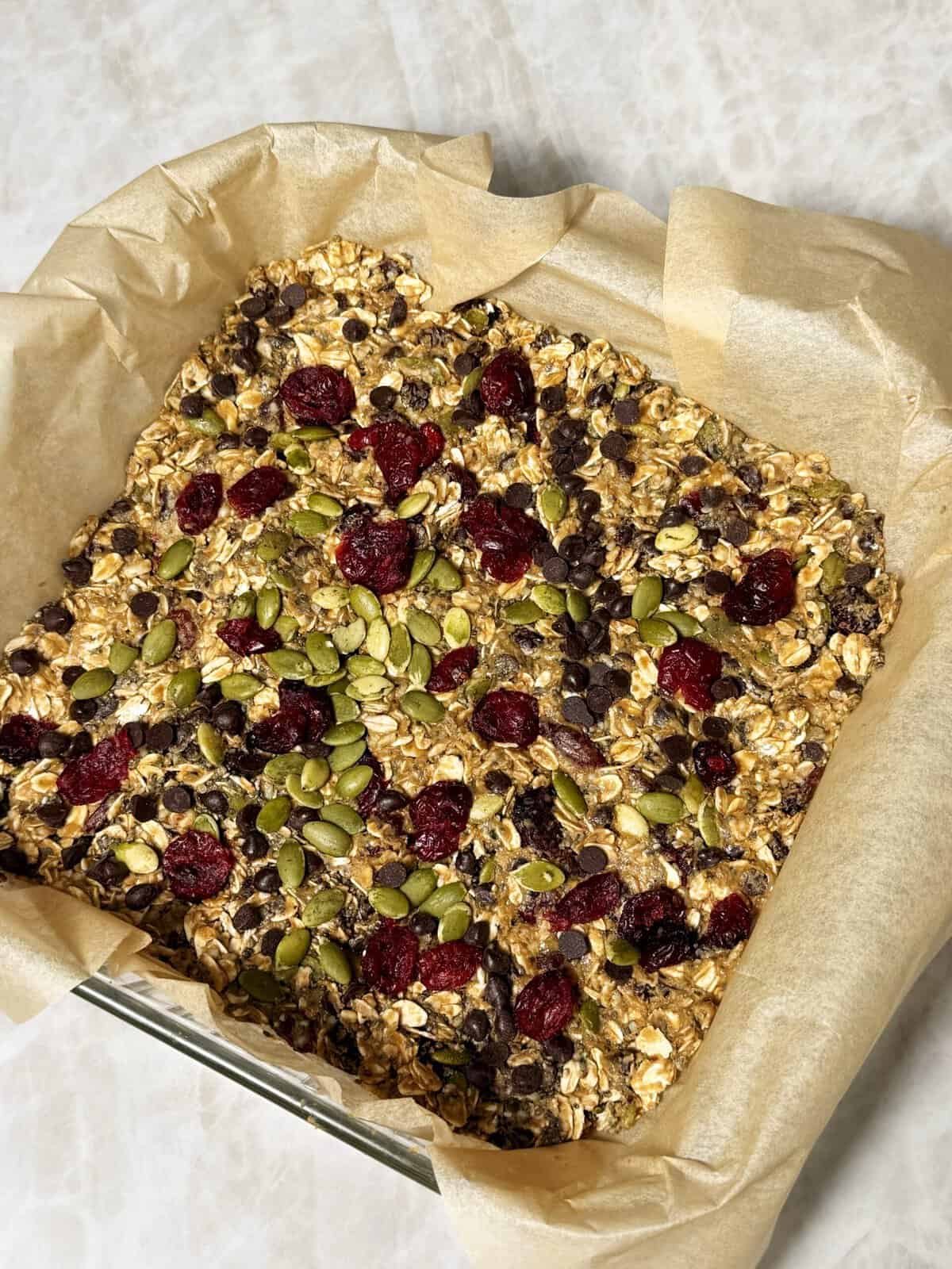 granola bars pressed into baking pan