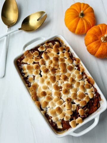 sweet potato casserole with marshmallows and pecan on top