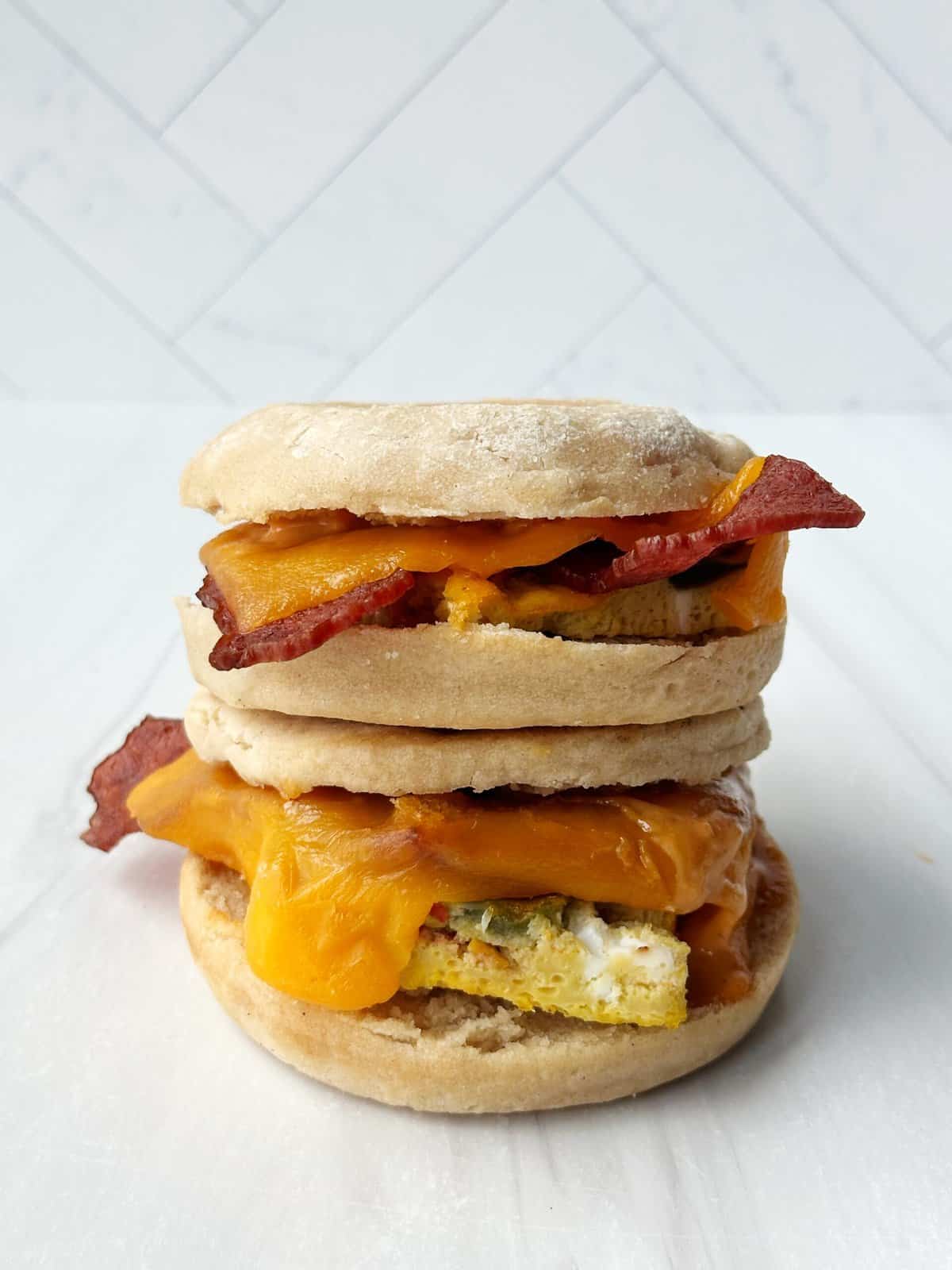 Scrambled egg and cheese breakfast sandwich with bacon on English muffin.