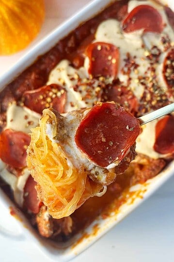 Savory pepperoni and melted cheese baked casserole dish.