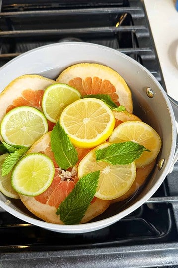 Fresh citrus slices and mint leaves in a pot on stovetop for a refreshing infused water.