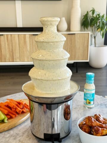 ranch fountain with wings, carrots and celery around it