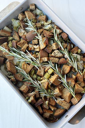 close up of baked gluten free stuffing