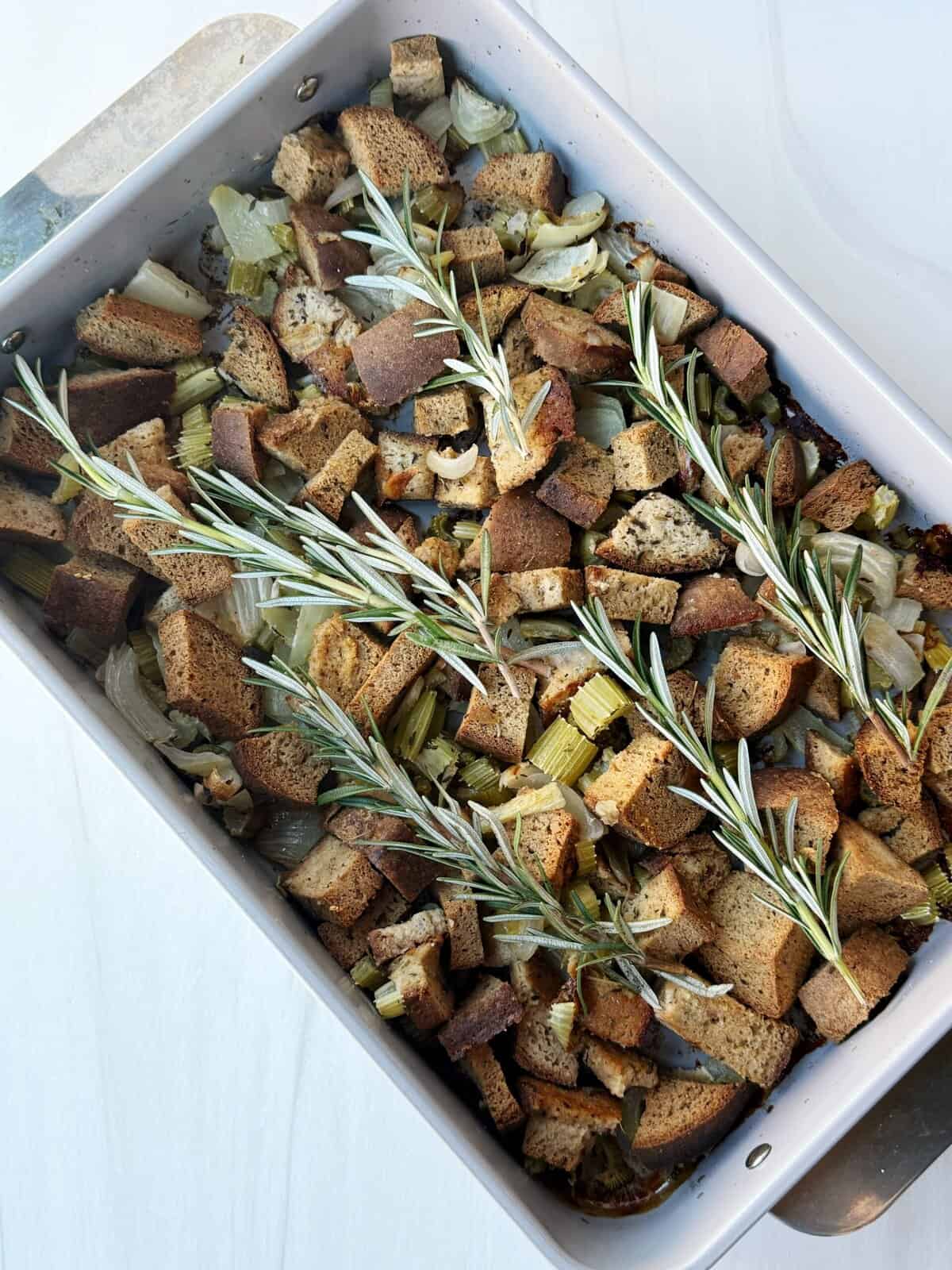 close up of baked gluten free stuffing