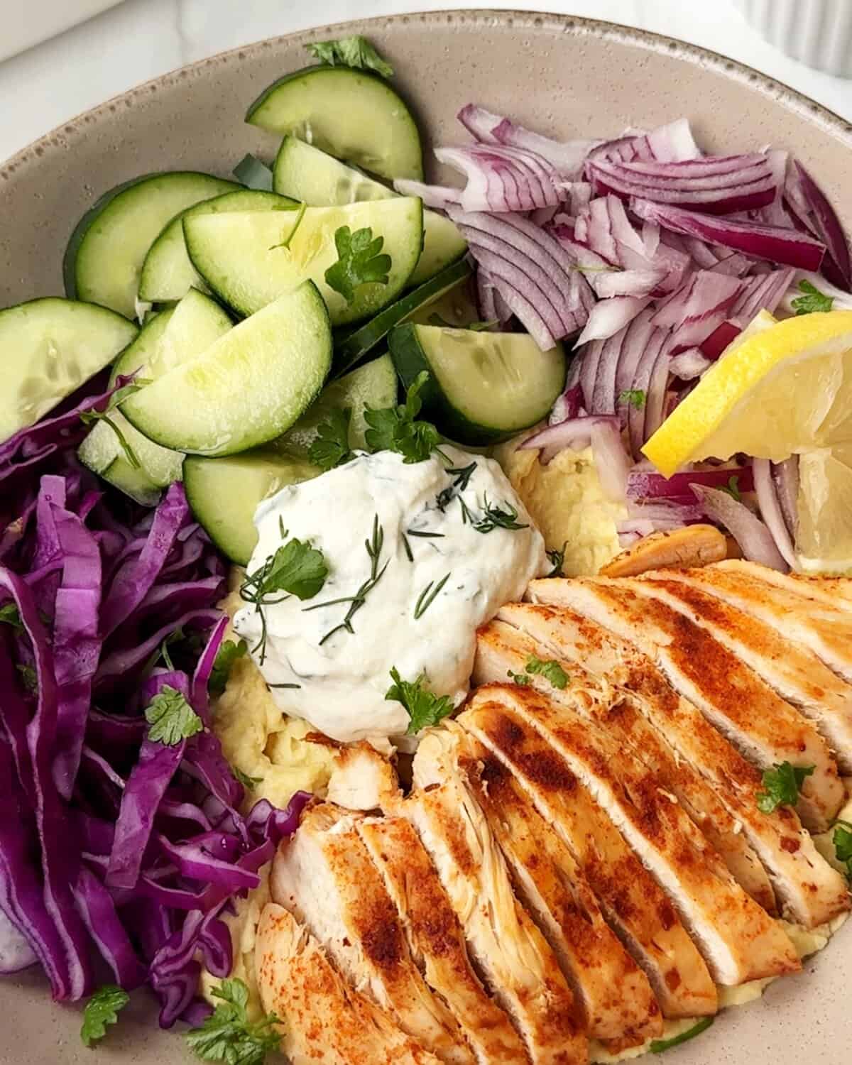 chicken hummus bowl close up
