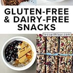 gluten free and dairy free snack ideas including pumpkin bread, chia pudding, buffalo chicken dip and granola bars