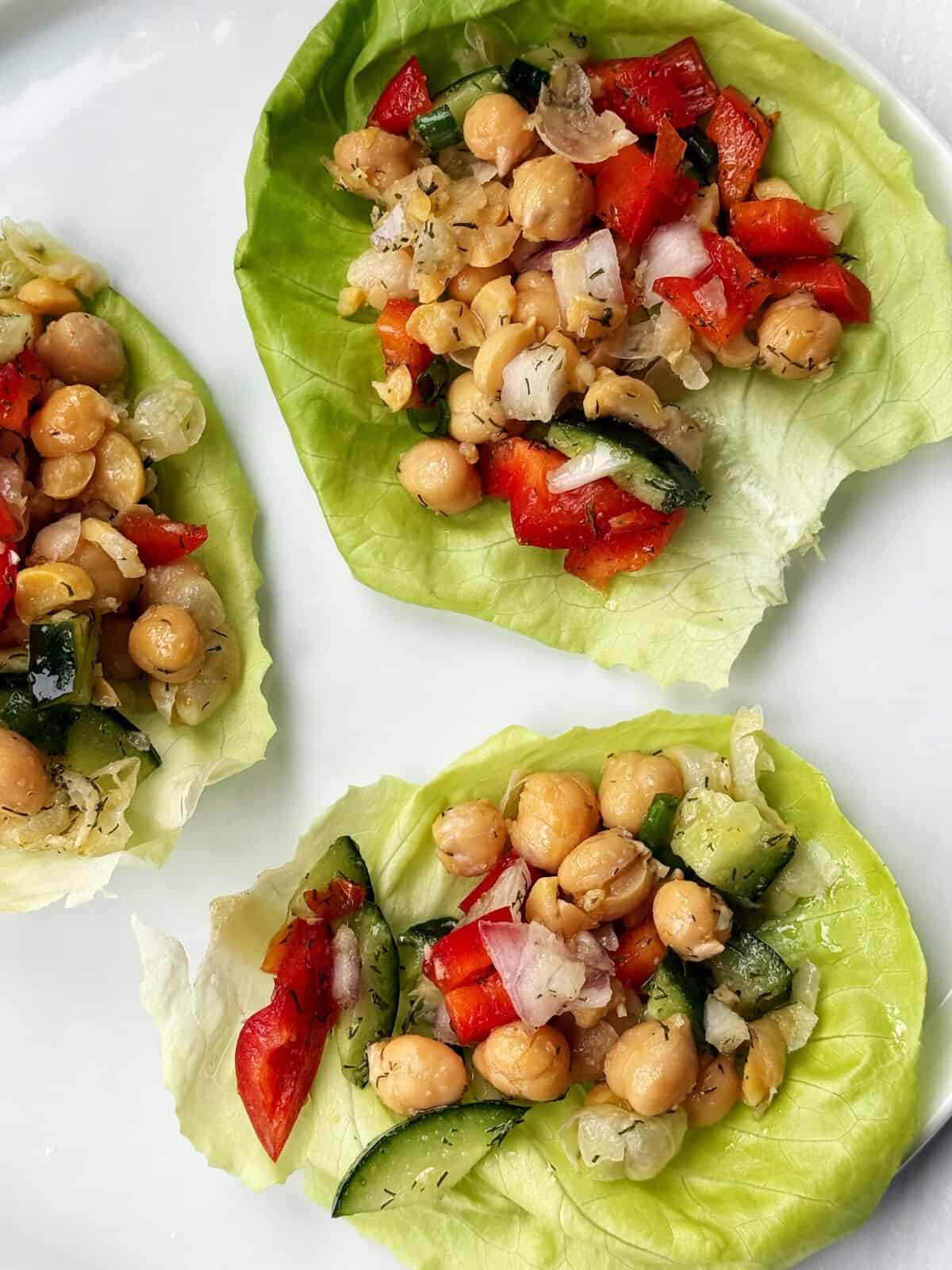 chickpea salad served in lettuce boats