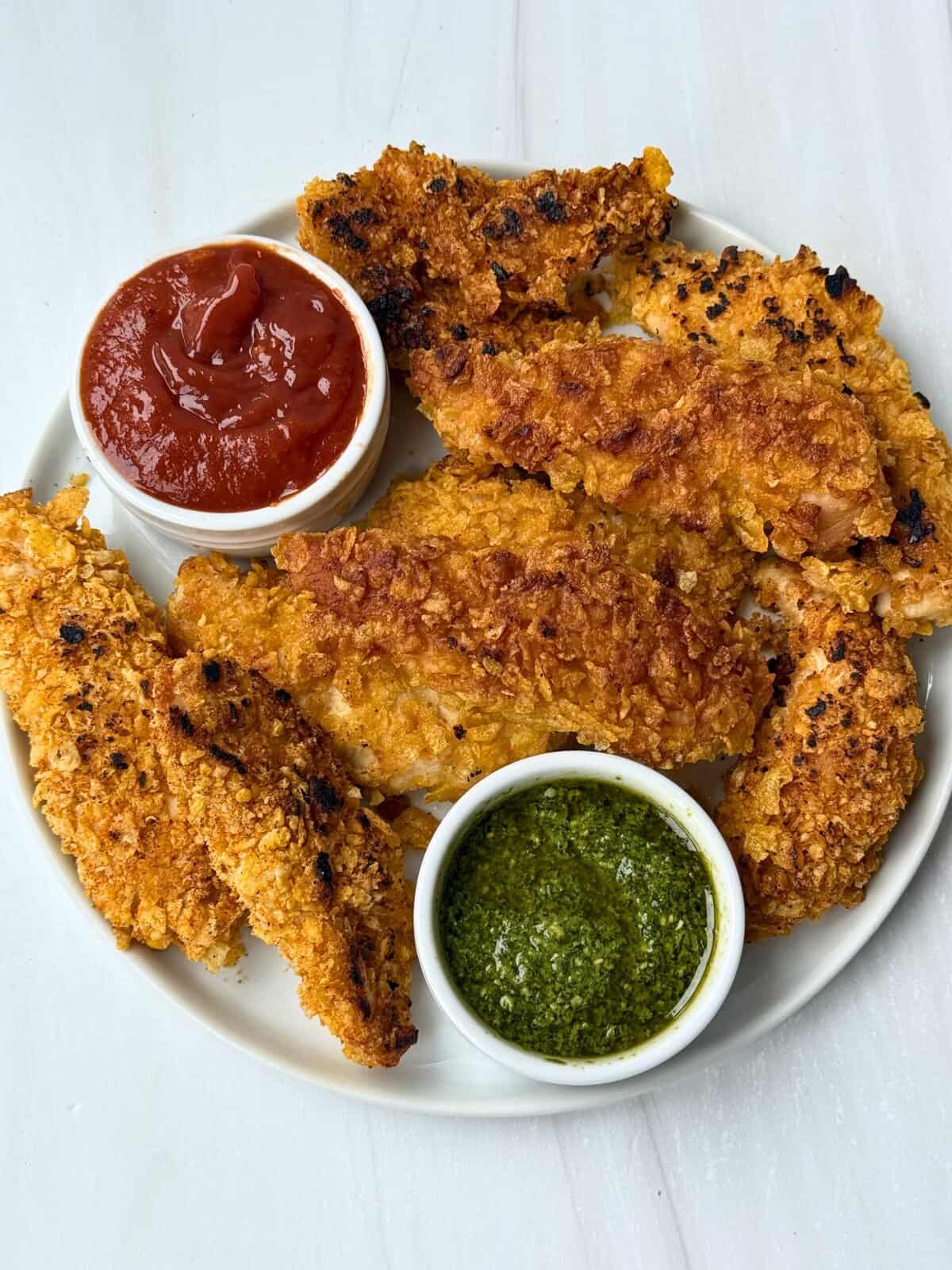 gluten-free chicken tenders on a plate with dipping sauces