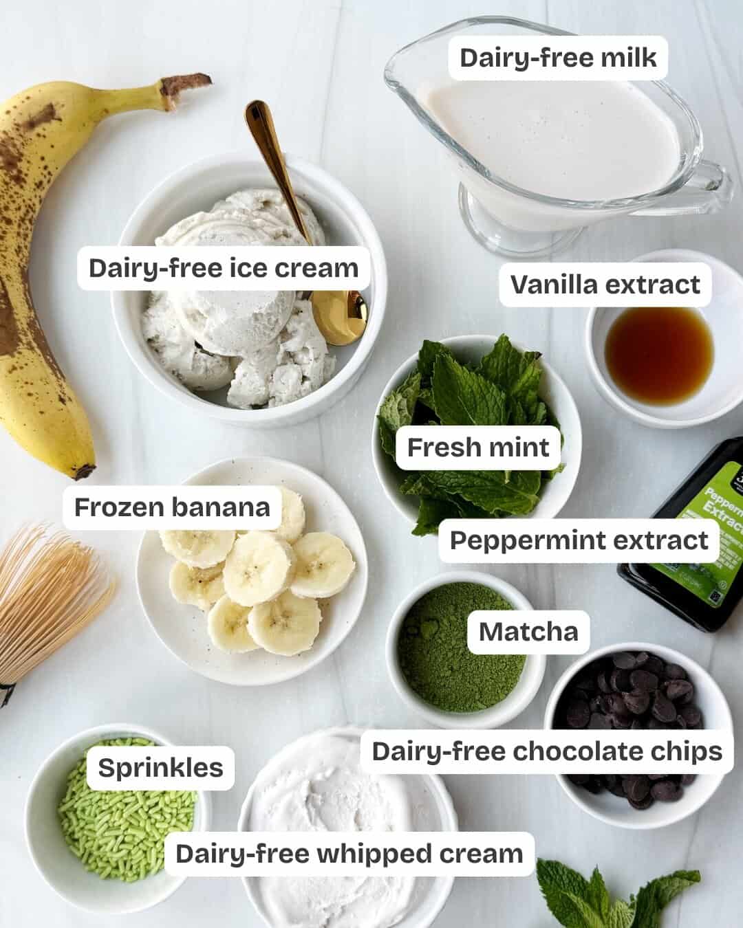 ingredients to make dairy-free shamrock milkshake 