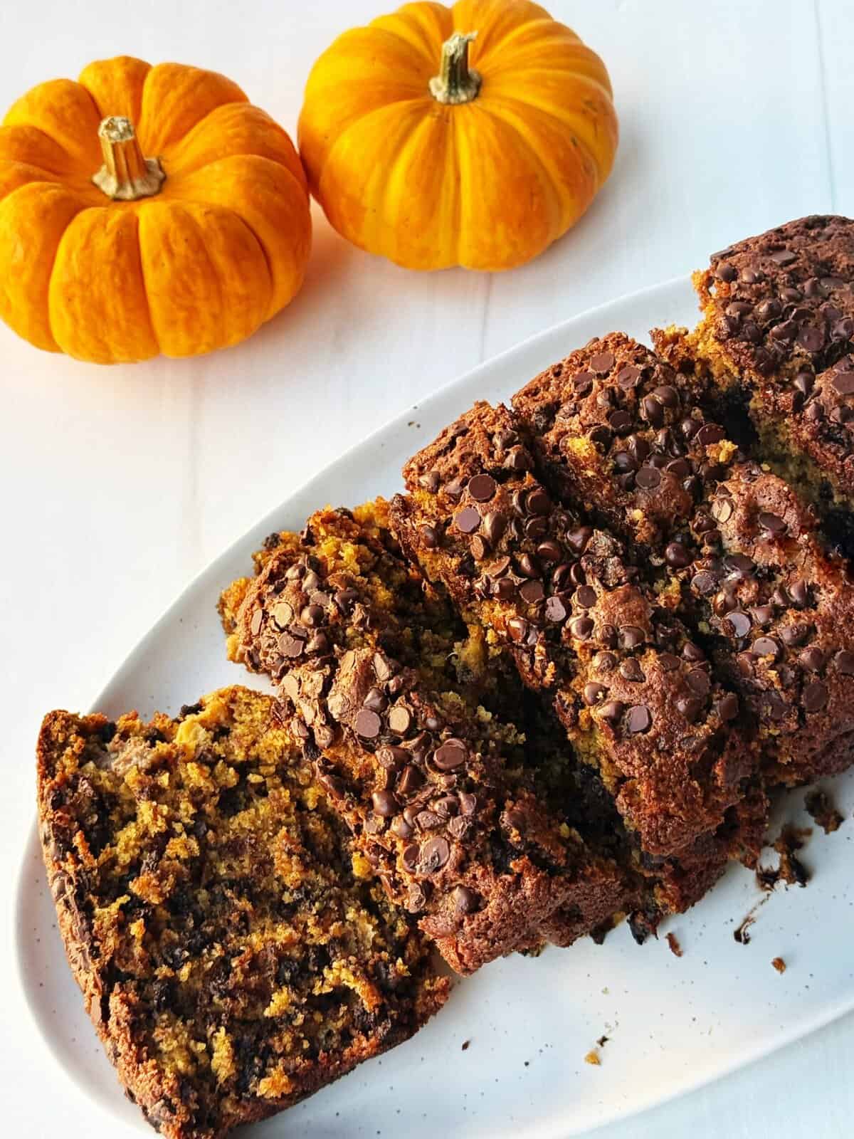 pumpkin banana bread slices with chocolate chips