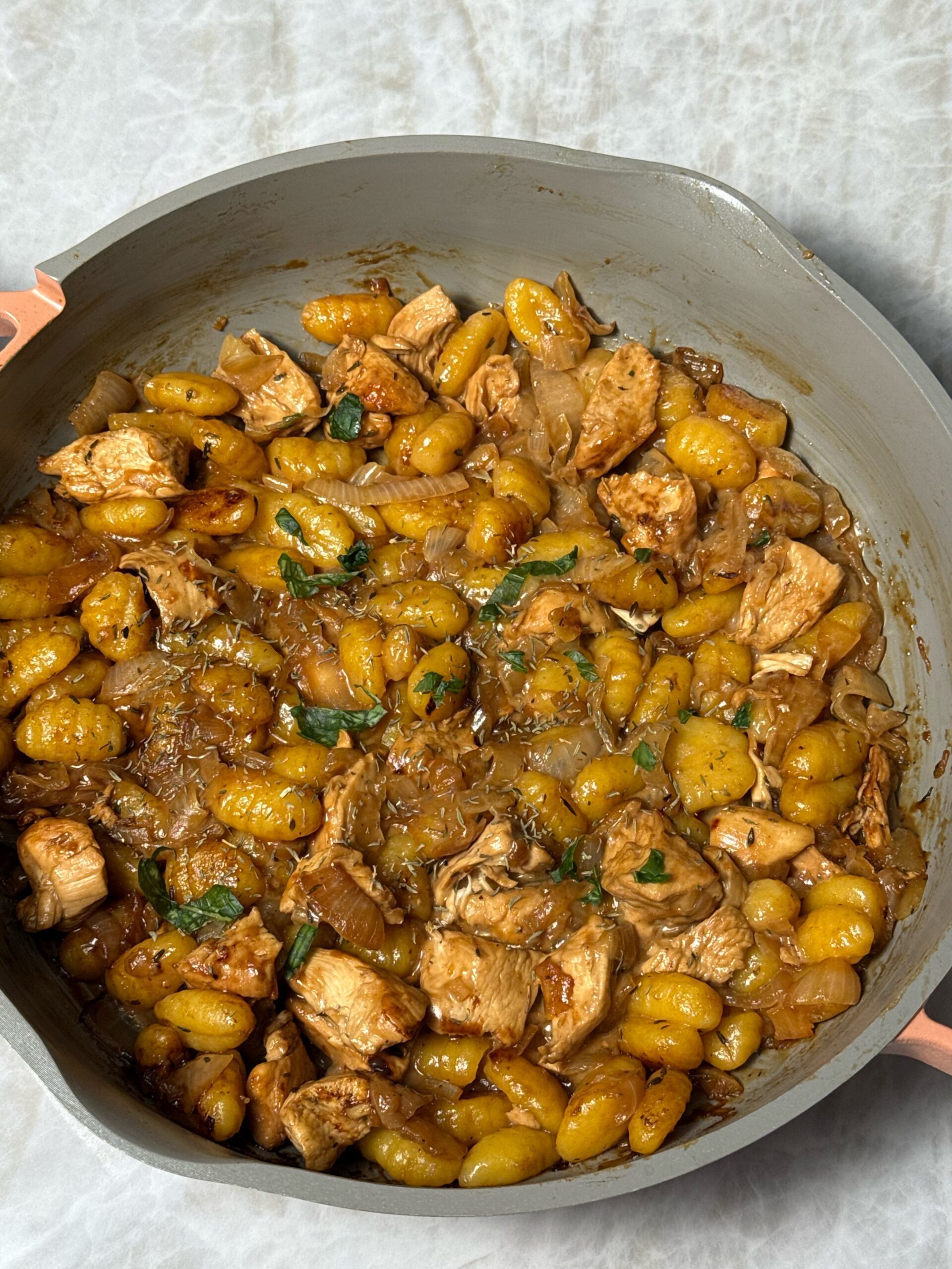 french onion chicken gnocchi in a pot 
