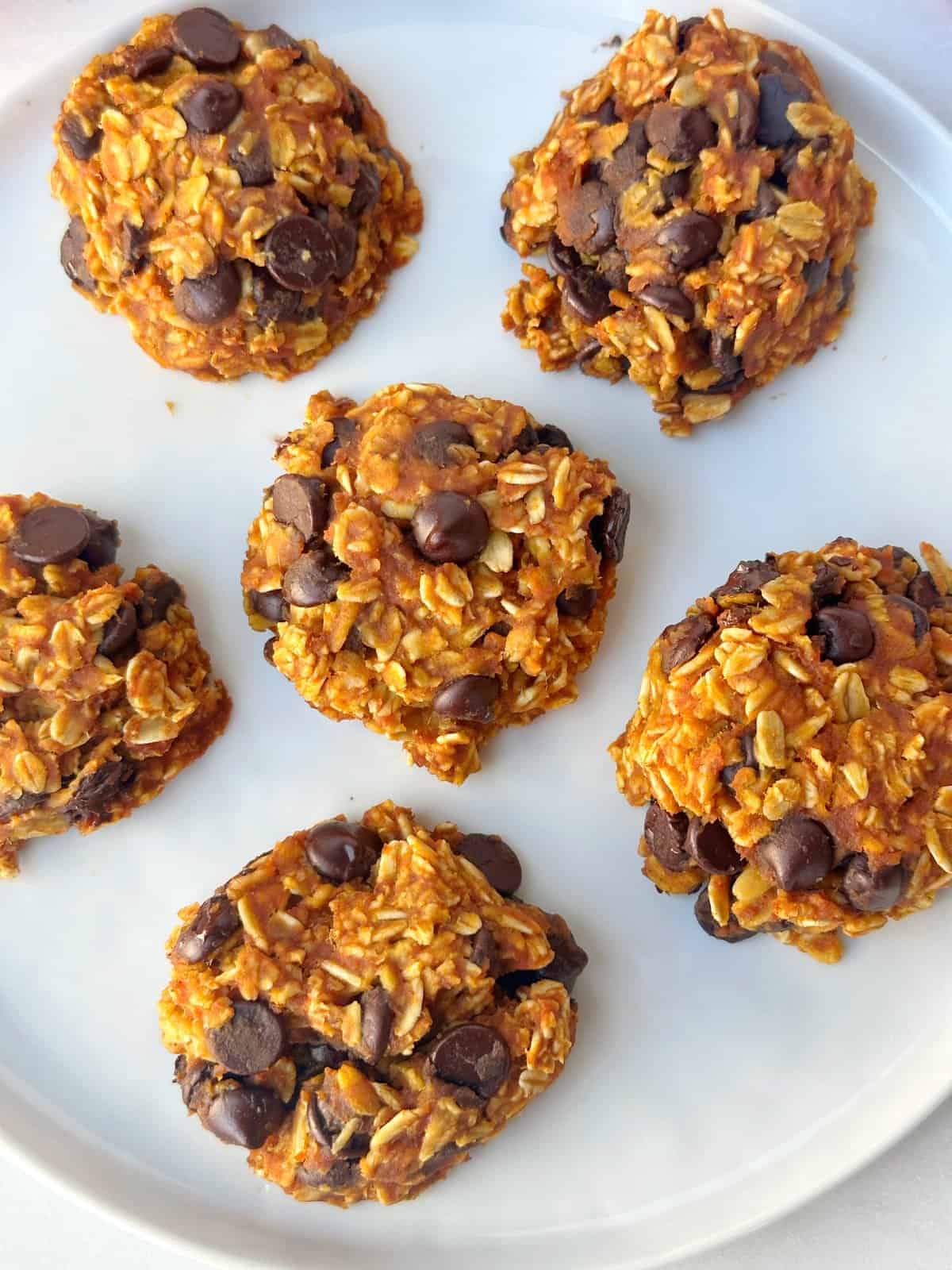pumpkin oatmeal chocolate chip cookies on a plate