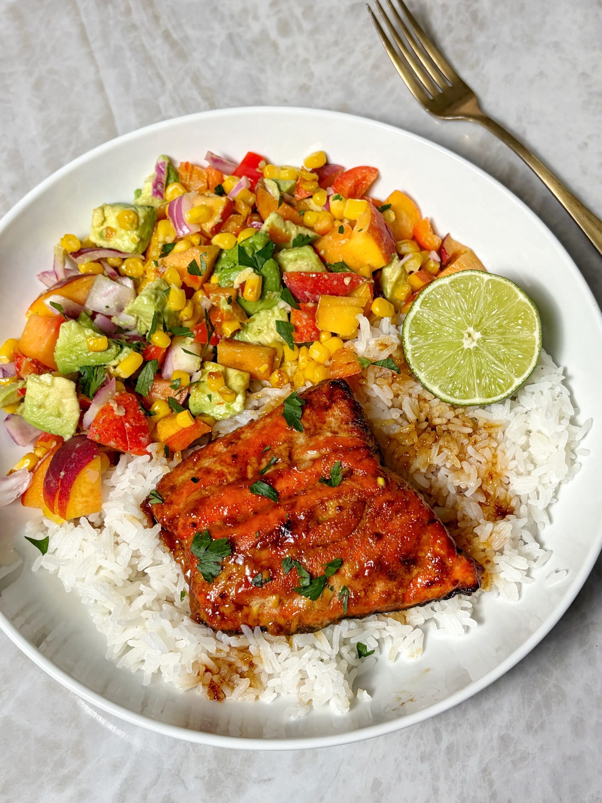 peach salsa with salmon over coconut rice 
