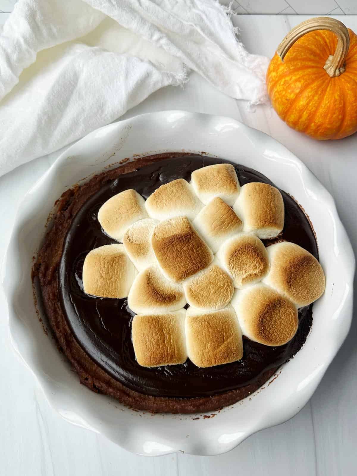 pumpkin s'mores pie with chocolate ganache and big fluffy marshmallows